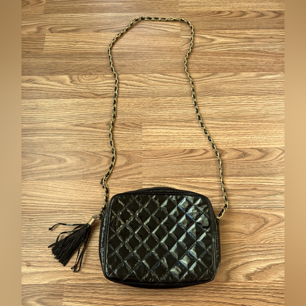Vintage Jay Herbert Black Quilted Leather Purse Gold Chain Tassel Crossbody